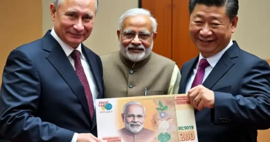 Russian President Vladimir Putin, alongside Indian Prime Minister Narendra Modi and Chinese President Xi Jinping, standing together in a formal setting. Putin is prominently displaying a symbolic BRICS currency note, while Modi and Xi look on with expressions of agreement and support. The backdrop suggests a summit or international conference environment, with subtle national flags or symbols representing each leader's country- AI Generated